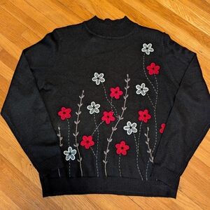 Vintage Wool Blend Black Mock Neck Sweater With Red Flower Vine Motif LP